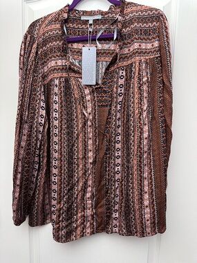 Daniel Rainn Rust, Black & Cream Geometric Print Blouse